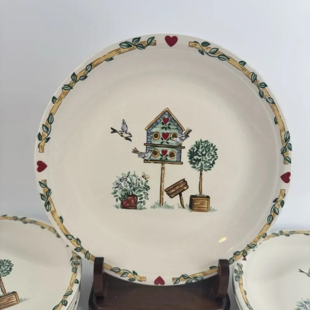 Thompson Pottery Birdhouse Dinner Plates SET OF 3 10.25” Cottage Farmhouse Vtg